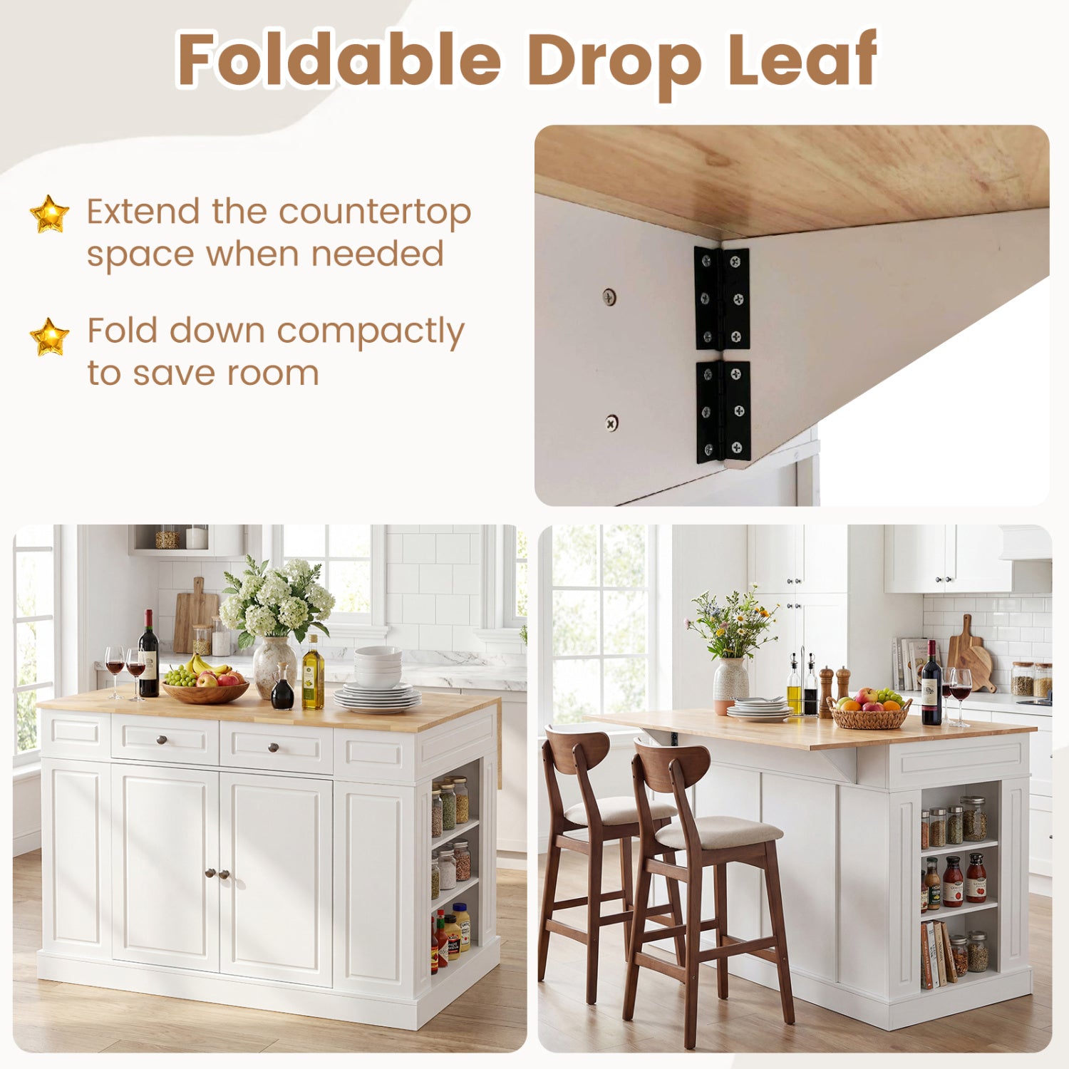 Kitchen Island with Storage and 3-Level Adjustable Shelves-White