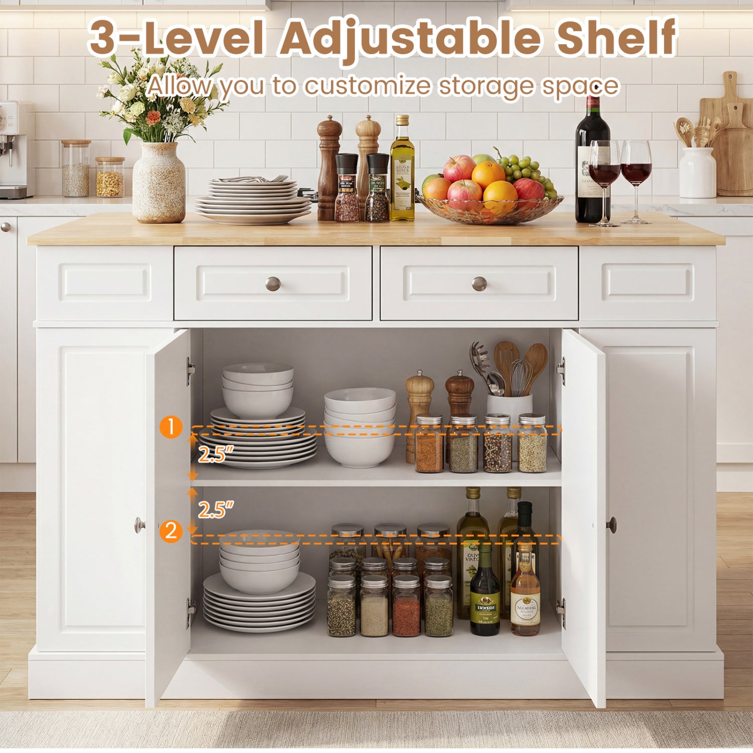 Kitchen Island with Storage and 3-Level Adjustable Shelves-White