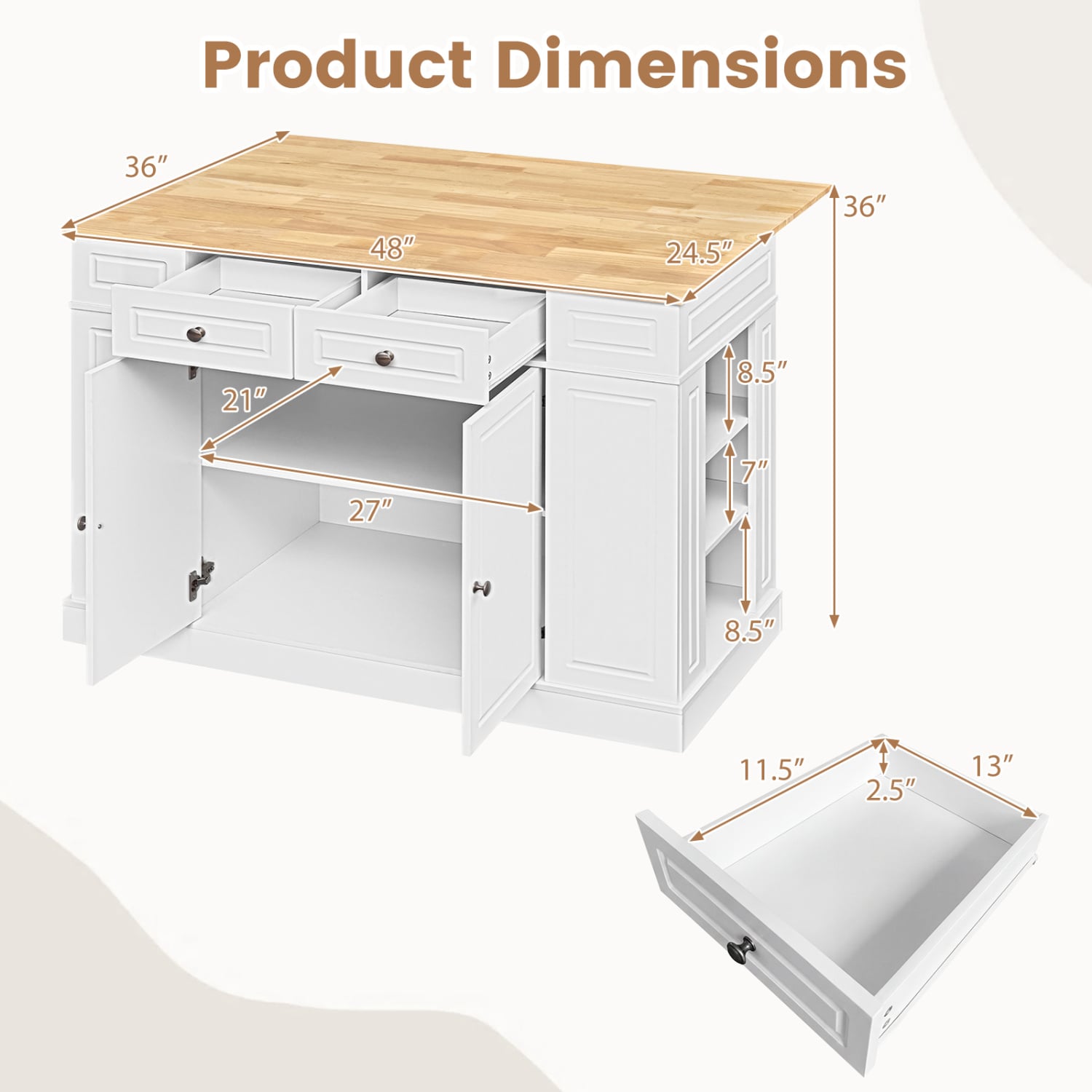 Kitchen Island with Storage and 3-Level Adjustable Shelves-White