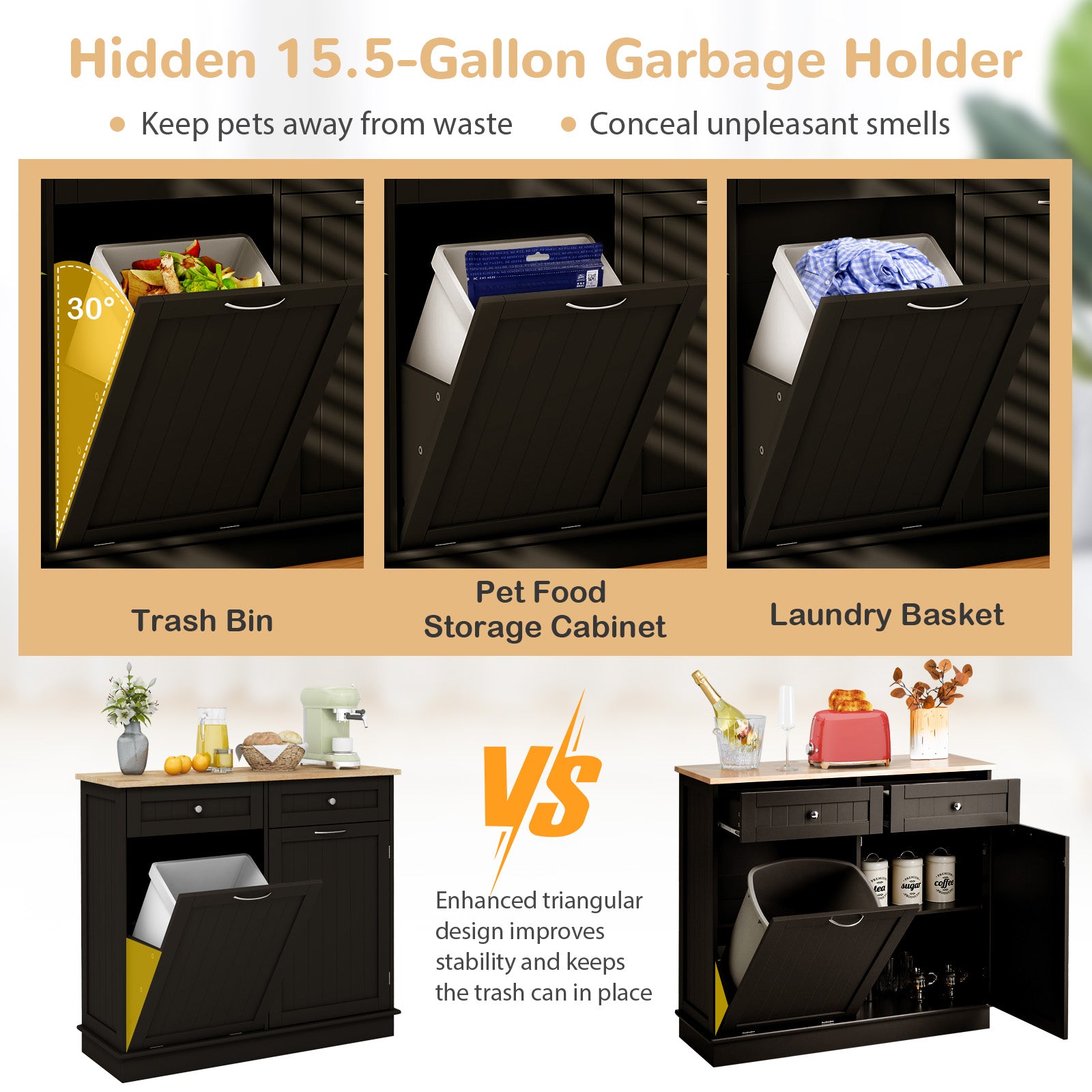 Kitchen Tilt Out Trash Cabinet with 2 Drawers and Adjustable Shelf-Brown
