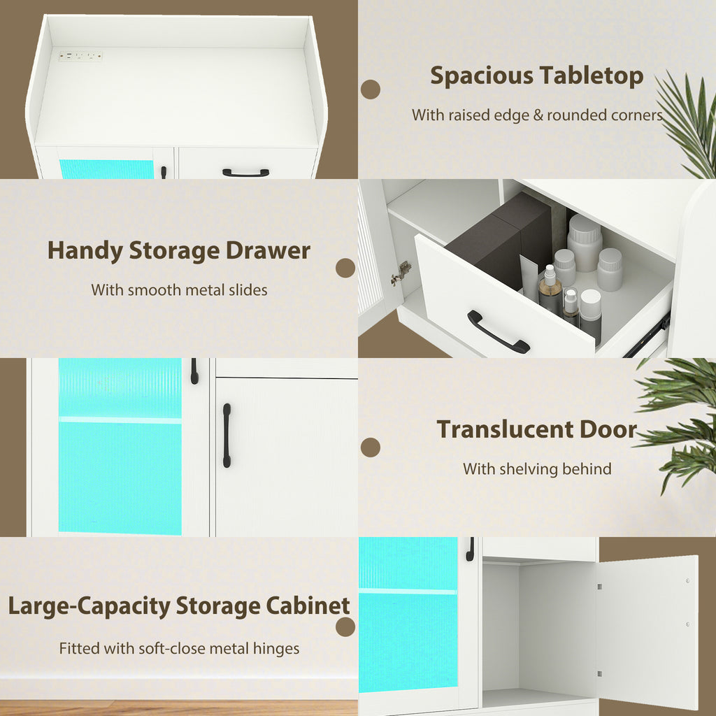 LED Buffet Sideboard with Charging Station with Drawer and Translucent Fluted Door-White