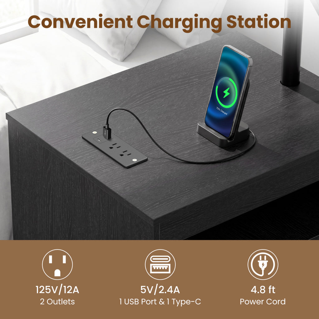 LED Nightstand with Power Outlets Modern Bedside Table with Flip over-Black