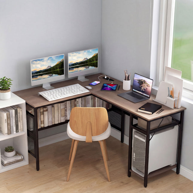 L-Shaped Computer Desk with Charging Station and Adjustable Shelf-Gray