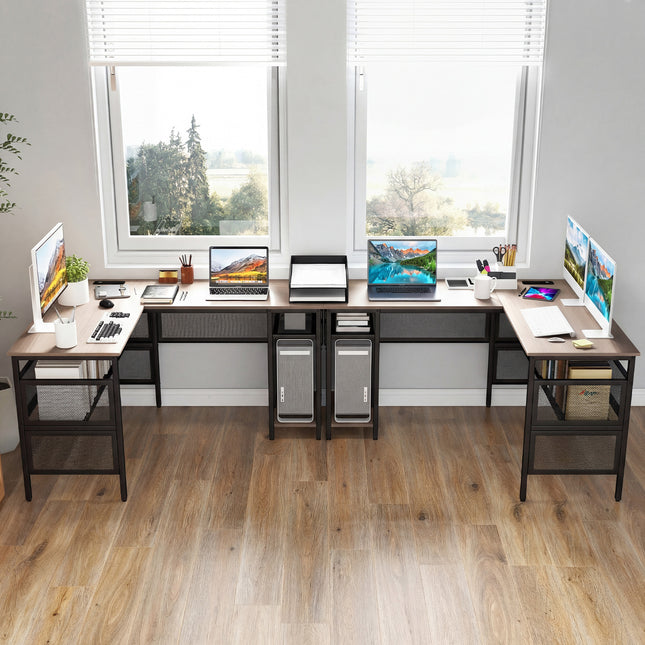 L-Shaped Computer Desk with Charging Station and Adjustable Shelf-Gray