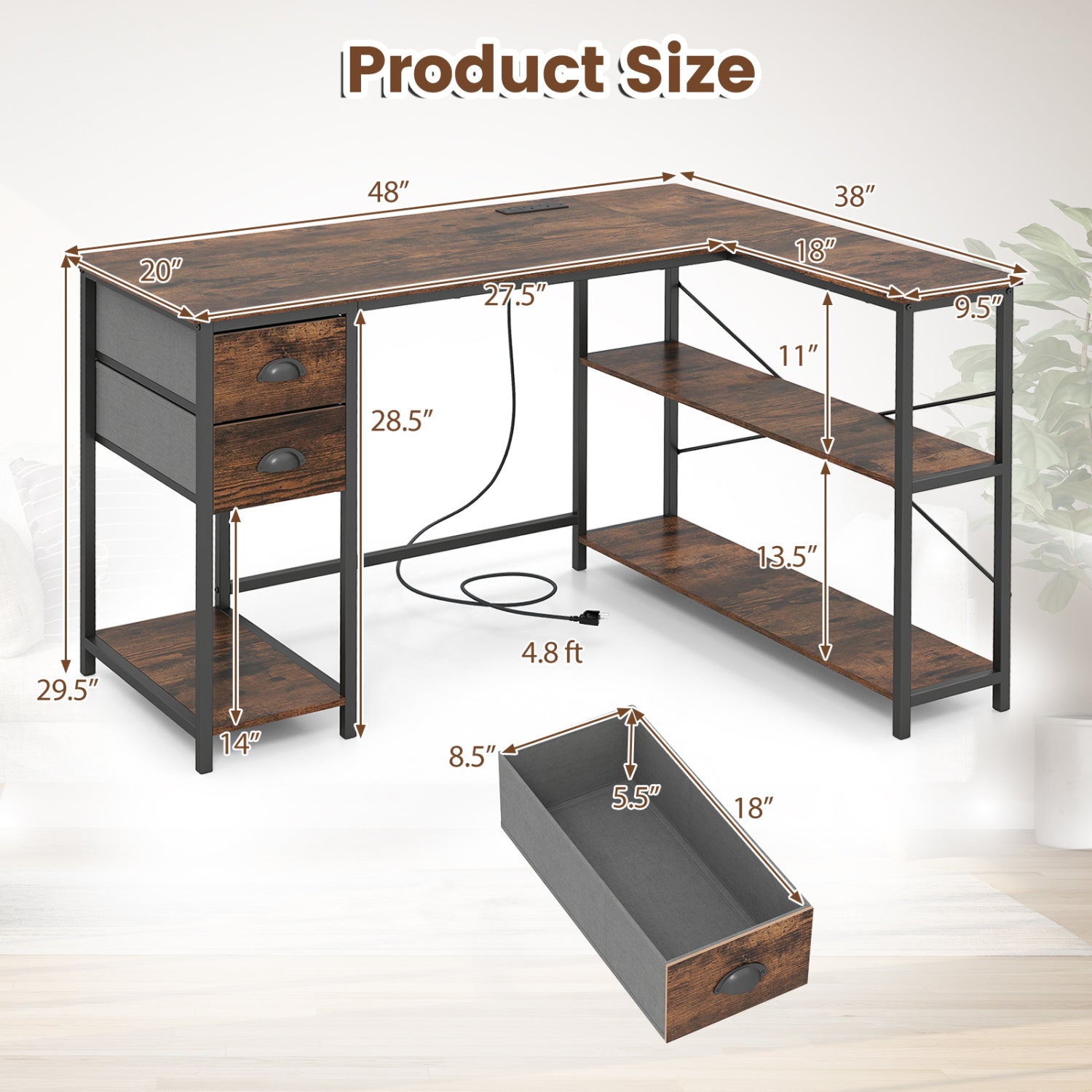 L Shaped Desk with Charging Station Corner Computer Desk with 2 Fabric Drawers-Rustic Brown