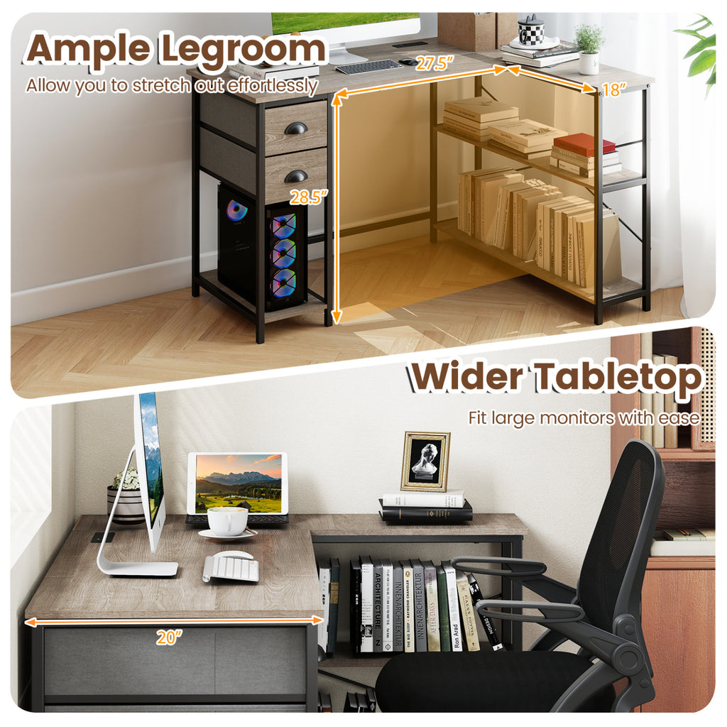 L Shaped Desk with Charging Station Corner Computer Desk with 2 Fabric Drawers-Oak