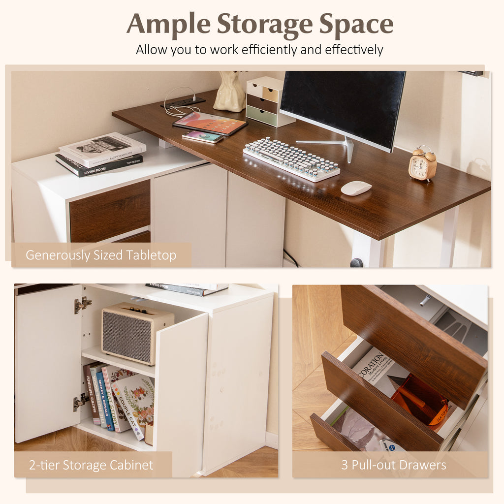 L-Shaped Desk with File Cabinet and Power Outlet Reversible Corner Computer Desk-White