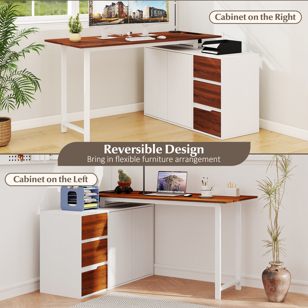 L-Shaped Desk with File Cabinet and Power Outlet Reversible Corner Computer Desk-White