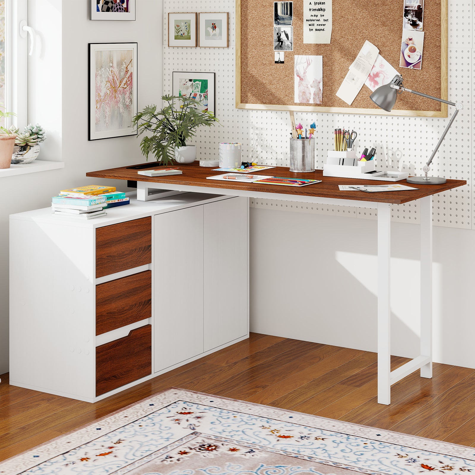 L-Shaped Desk with File Cabinet and Power Outlet Reversible Corner Computer Desk-White