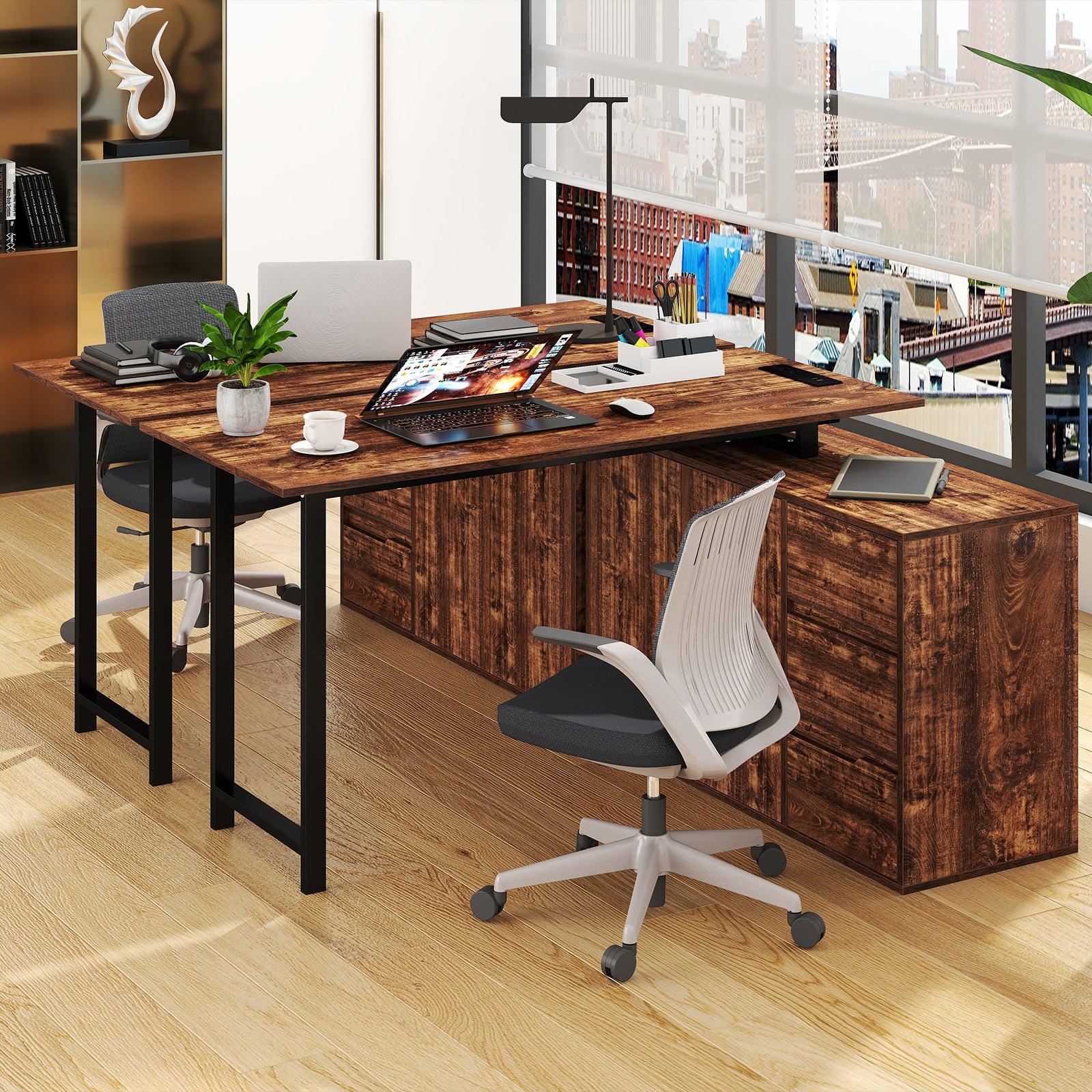 L-Shaped Desk with File Cabinet and Power Outlet Reversible Corner Computer Desk-Rustic Brown