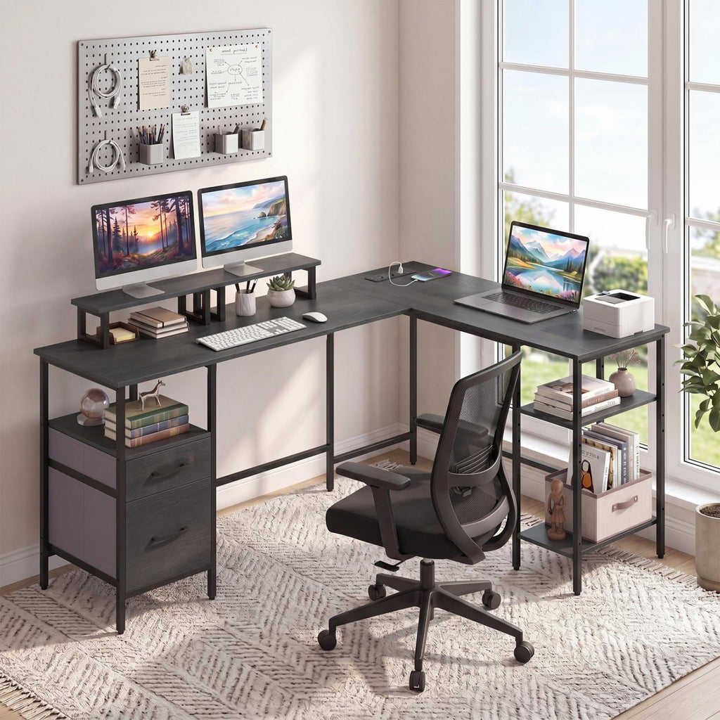L Shaped Desk with Power Outlet Reversible Computer Desk with Monitor Stands-Black