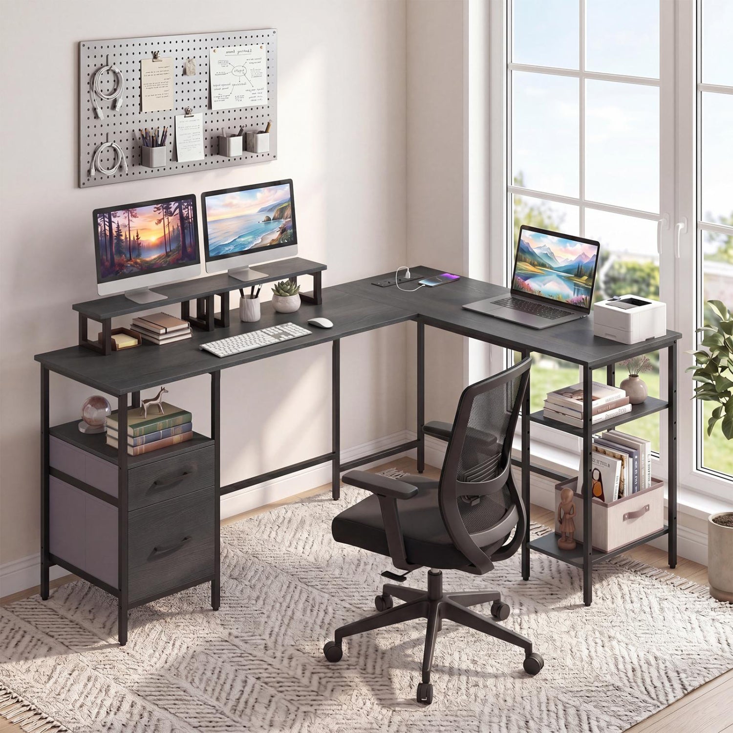 L Shaped Desk with Power Outlet Reversible Computer Desk with Monitor Stands-Black