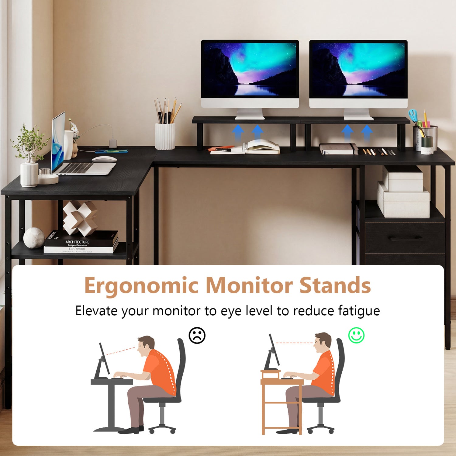 L Shaped Desk with Power Outlet Reversible Computer Desk with Monitor Stands-Black