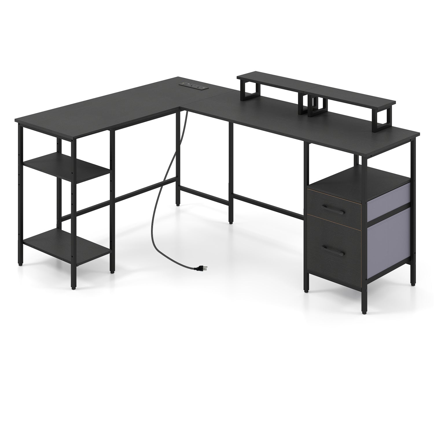 L Shaped Desk with Power Outlet Reversible Computer Desk with Monitor Stands-Black