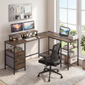 L Shaped Desk with Power Outlet Reversible Computer Desk with Monitor Stands-Rustic Brown