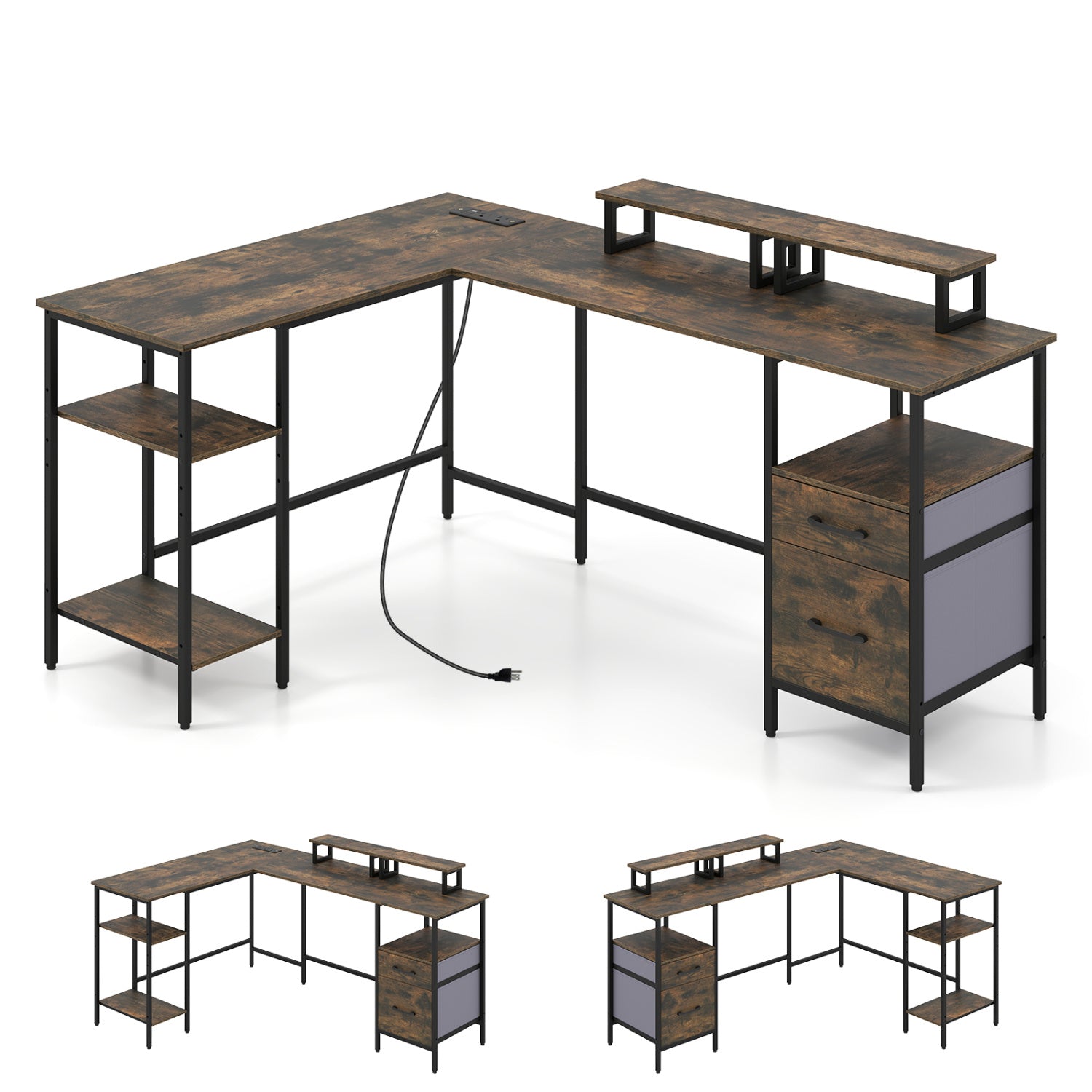 L Shaped Desk with Power Outlet Reversible Computer Desk with Monitor Stands-Rustic Brown