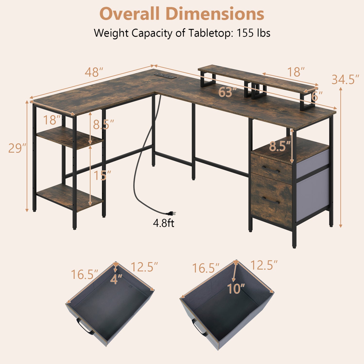 L Shaped Desk with Power Outlet Reversible Computer Desk with Monitor Stands-Rustic Brown