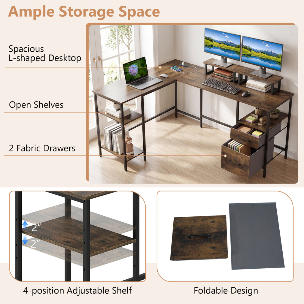 L Shaped Desk with Power Outlet Reversible Computer Desk with Monitor Stands-Rustic Brown