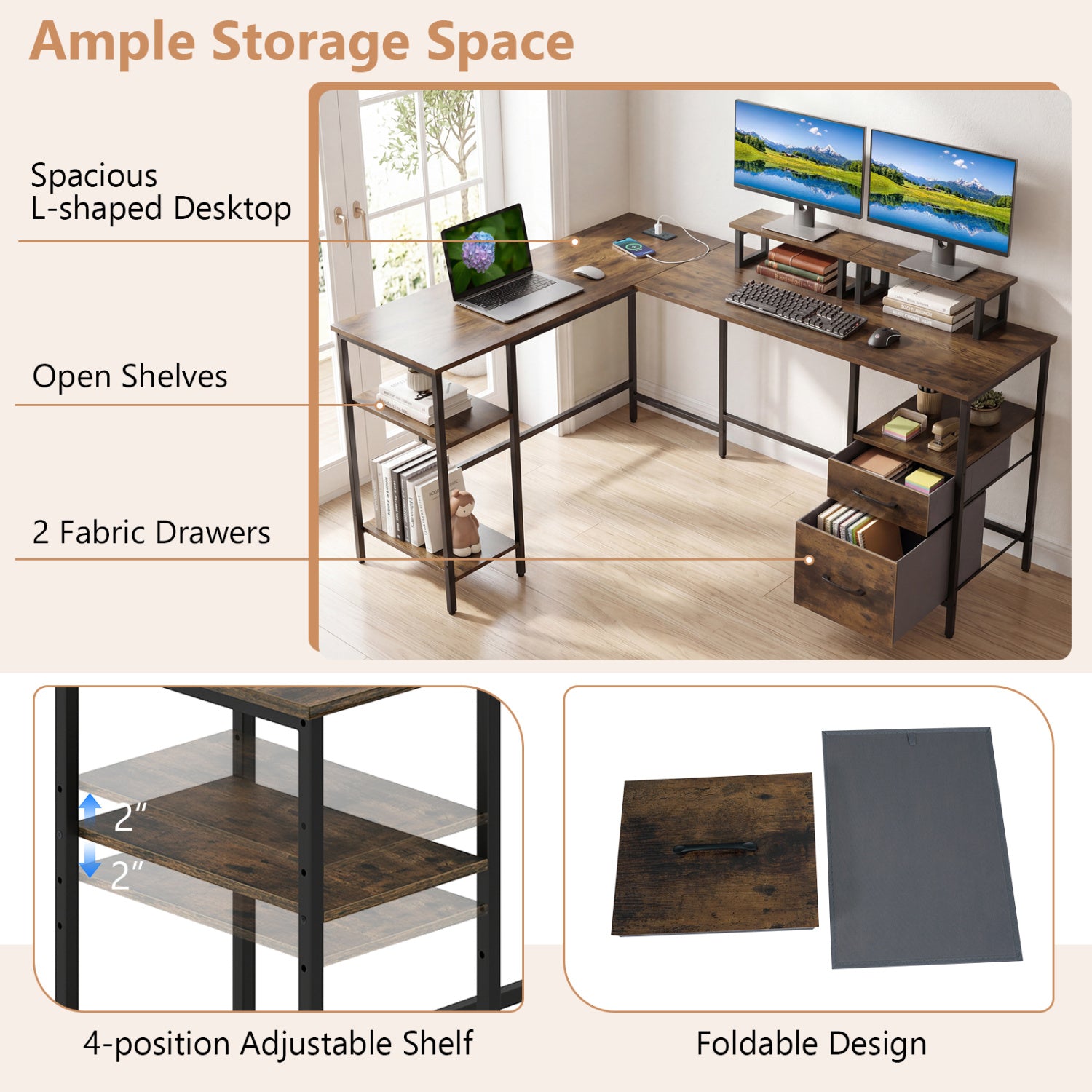 L Shaped Desk with Power Outlet Reversible Computer Desk with Monitor Stands-Rustic Brown