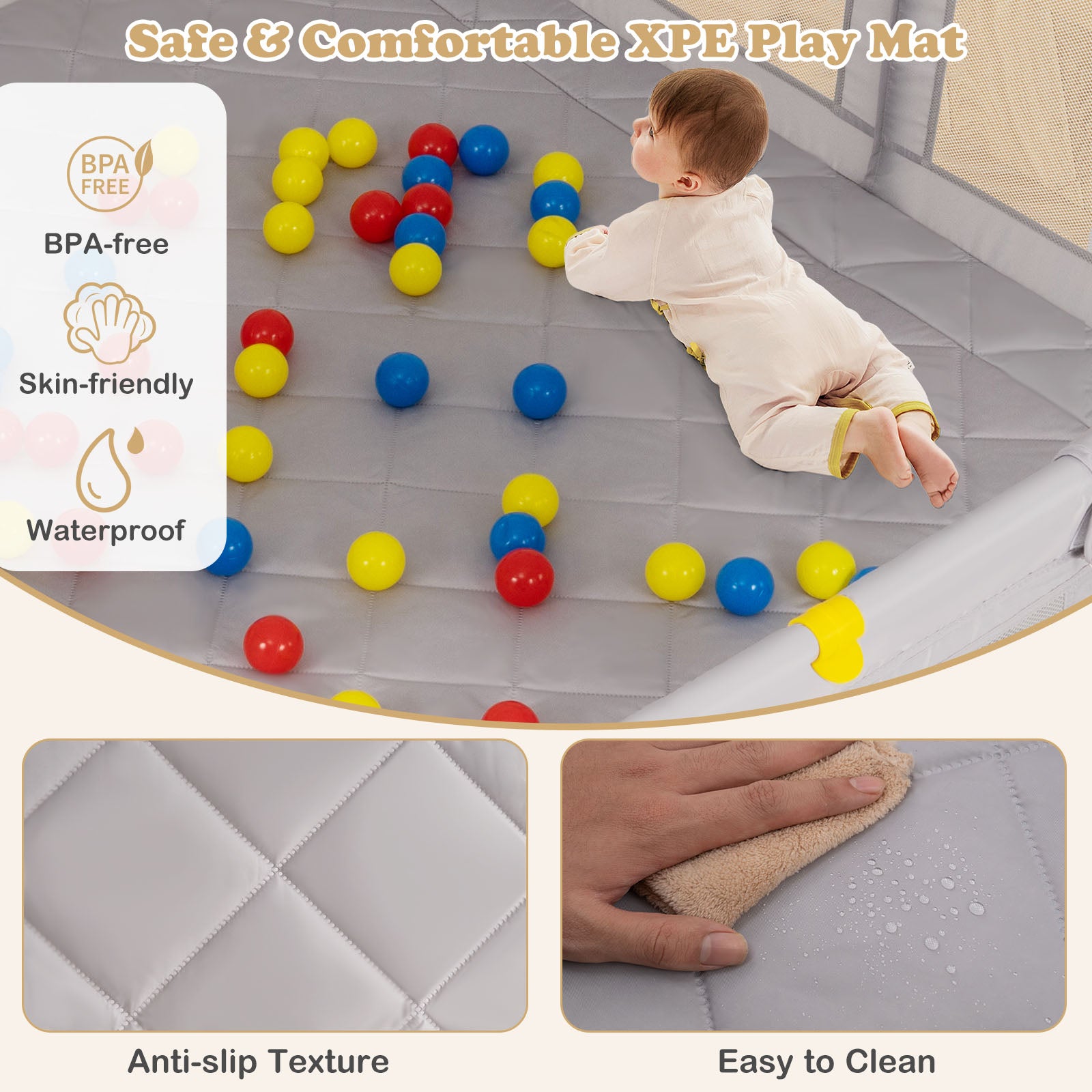 Large Baby Playpen with Pull Rings and Ocean Balls-Gray