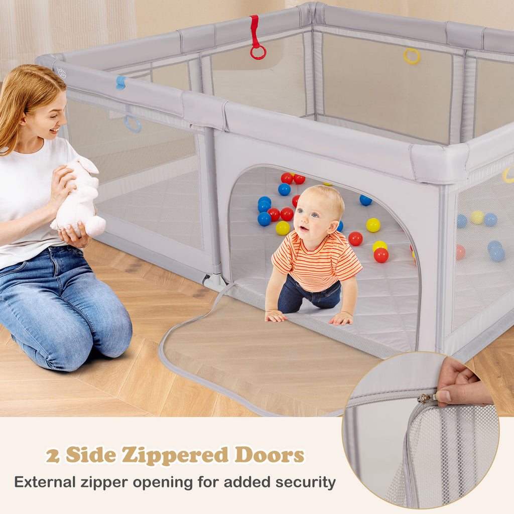 Large Baby Playpen with Pull Rings and Ocean Balls-Gray