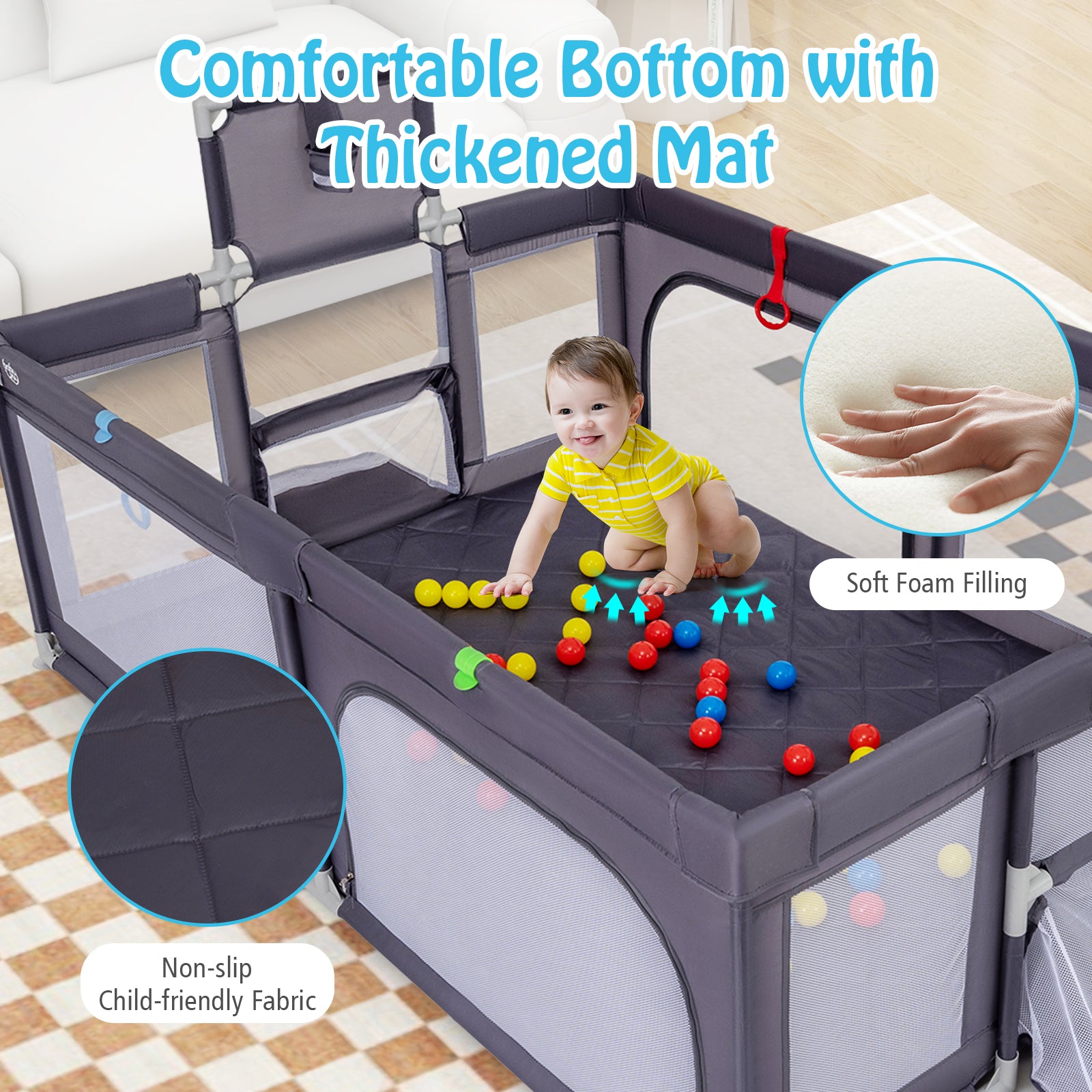 Large Baby Playpen with Mat and Ocean Balls-Dark gray
