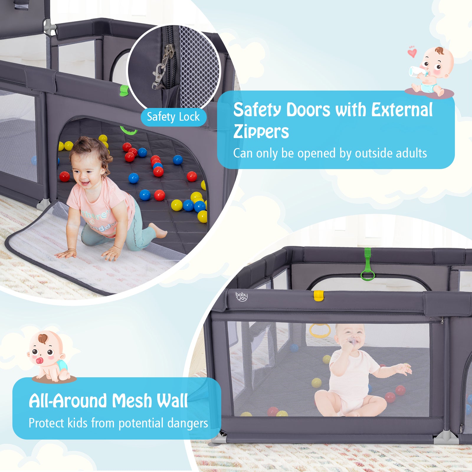 Large Baby Playpen with Mat and Ocean Balls-Dark gray