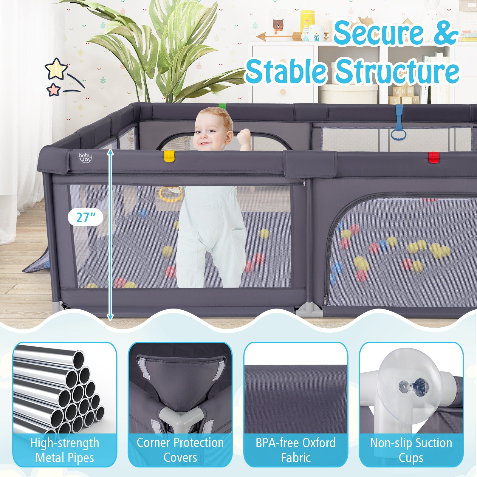 Large Baby Playpen with Mat and Ocean Balls-Dark gray