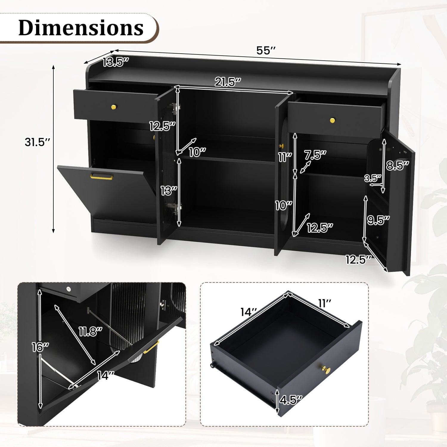 Large Buffet Cabinet Hidden Tilt Out Trash Can Cabinet with 2 Glass Doors-Black