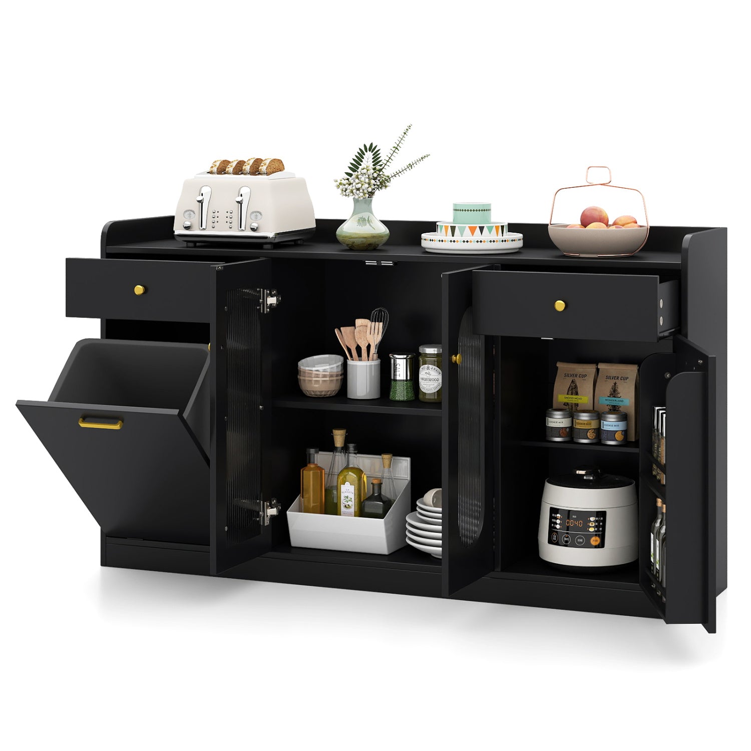 Large Buffet Cabinet Hidden Tilt Out Trash Can Cabinet with 2 Glass Doors-Black