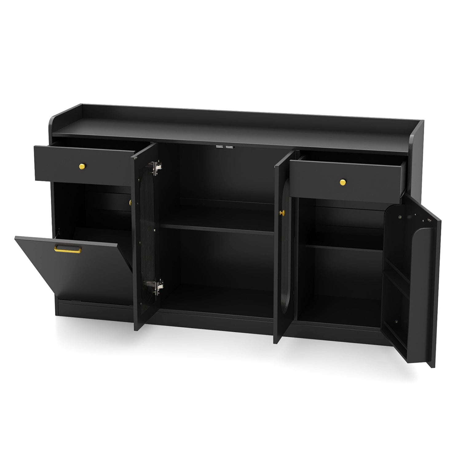 Large Buffet Cabinet Hidden Tilt Out Trash Can Cabinet with 2 Glass Doors-Black