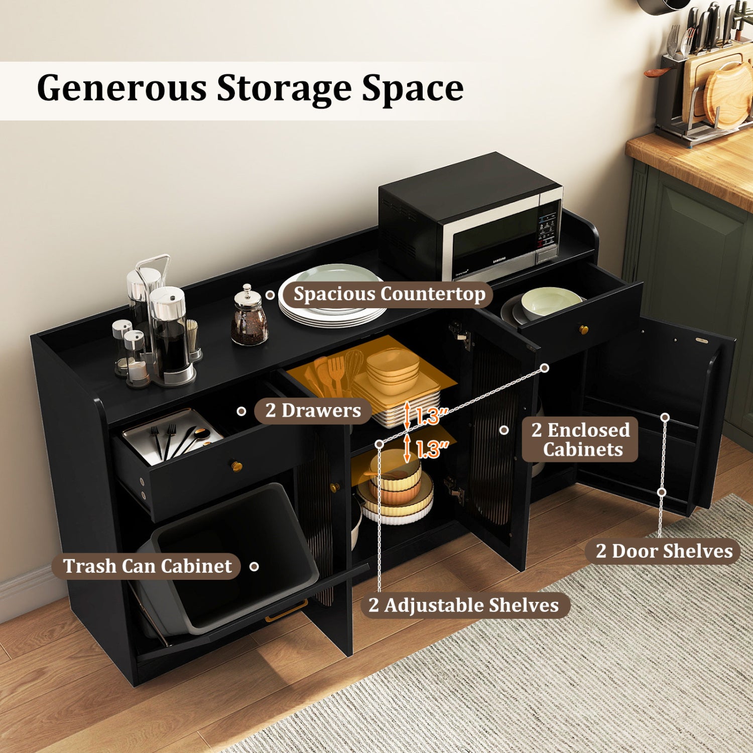 Large Buffet Cabinet Hidden Tilt Out Trash Can Cabinet with 2 Glass Doors-Black