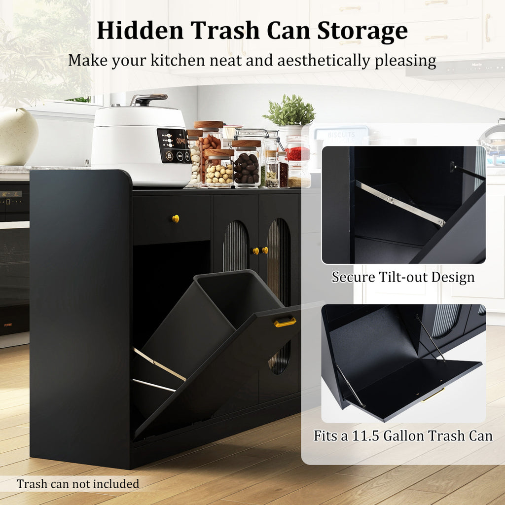 Large Buffet Cabinet Hidden Tilt Out Trash Can Cabinet with 2 Glass Doors-Black