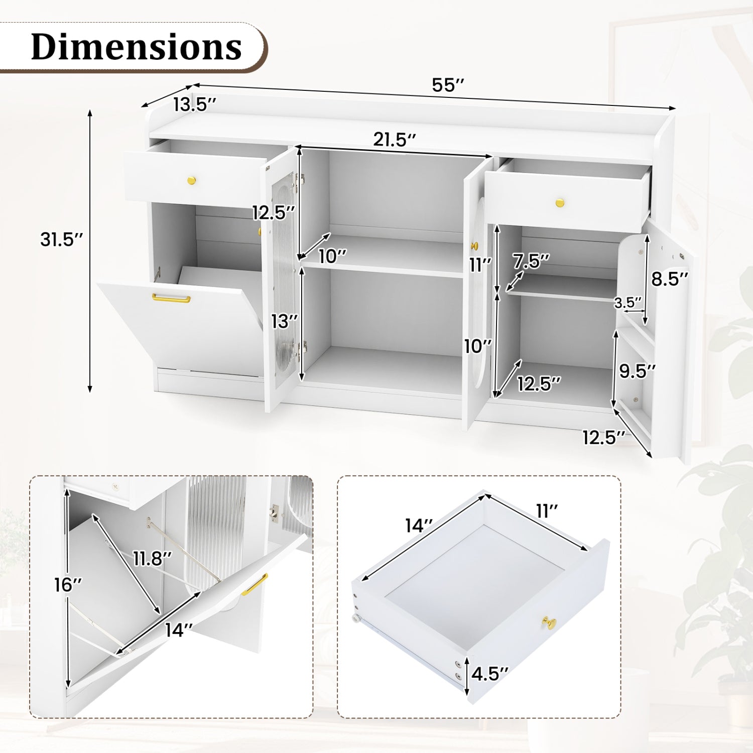 Large Buffet Cabinet Hidden Tilt Out Trash Can Cabinet with 2 Glass Doors-White