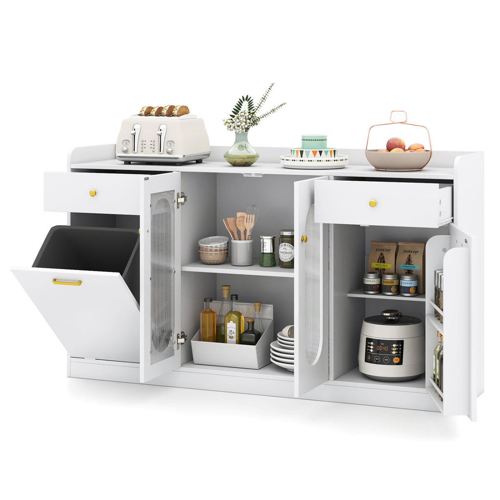 Large Buffet Cabinet Hidden Tilt Out Trash Can Cabinet with 2 Glass Doors-White