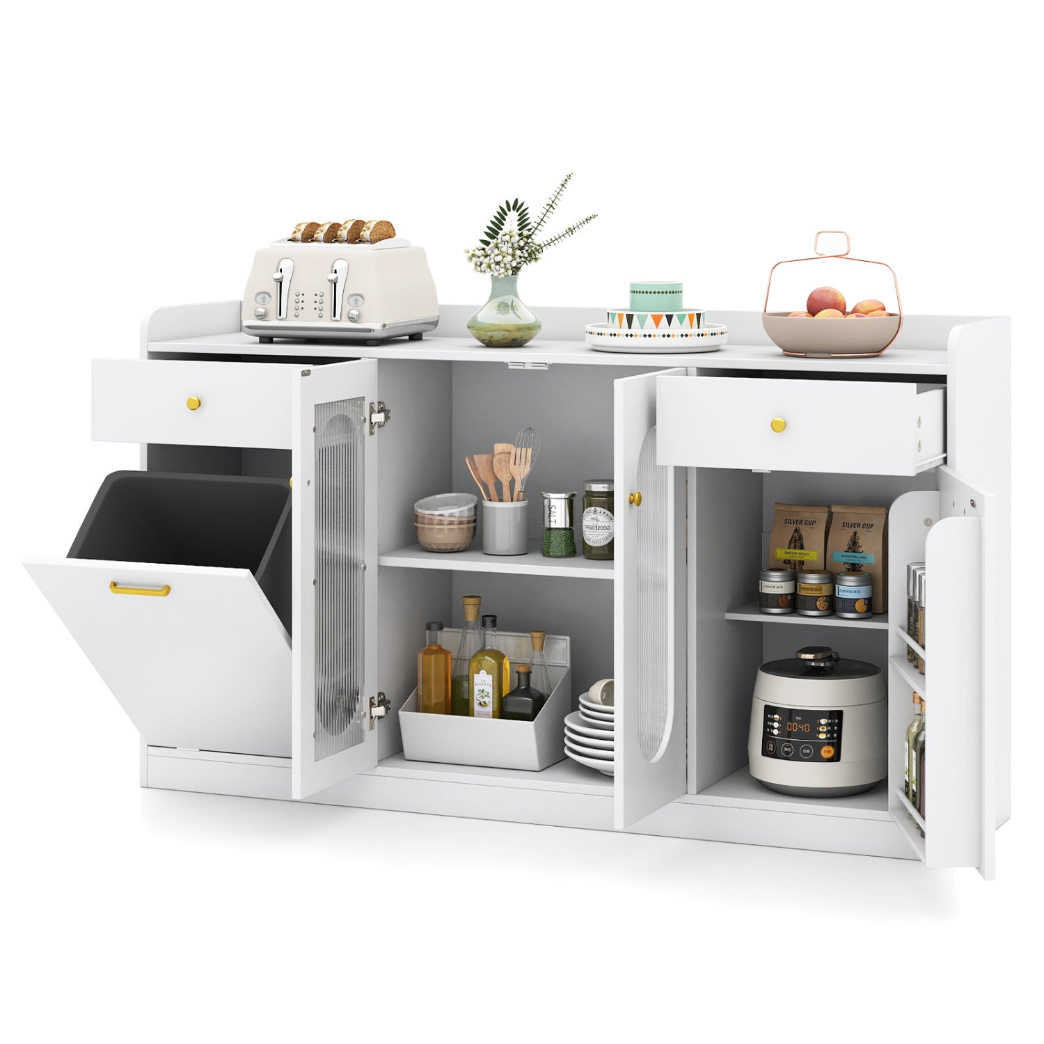 Large Buffet Cabinet Hidden Tilt Out Trash Can Cabinet with 2 Glass Doors-White