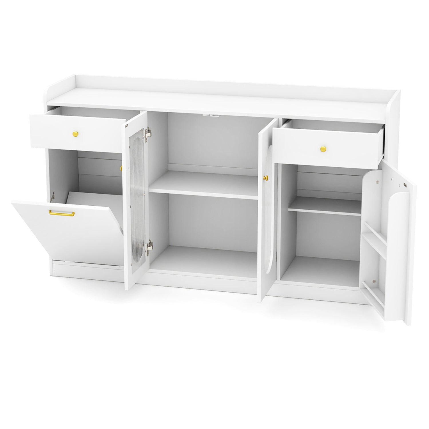 Large Buffet Cabinet Hidden Tilt Out Trash Can Cabinet with 2 Glass Doors-White