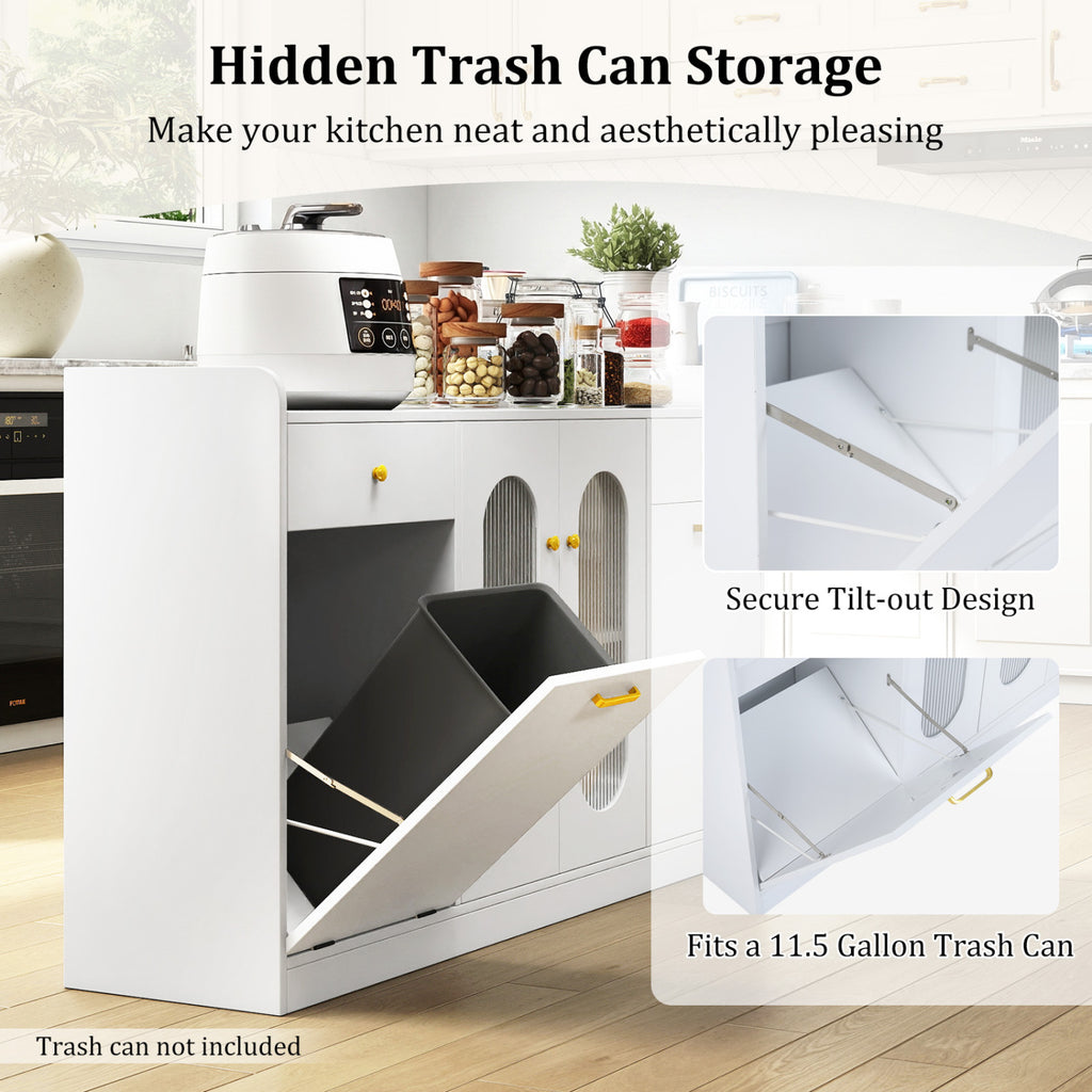 Large Buffet Cabinet Hidden Tilt Out Trash Can Cabinet with 2 Glass Doors-White