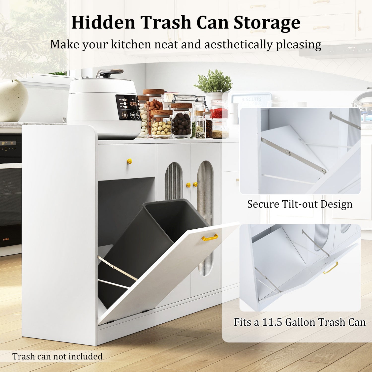 Large Buffet Cabinet Hidden Tilt Out Trash Can Cabinet with 2 Glass Doors-White