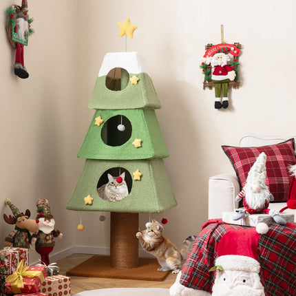 Large Christmas Cat Tree for Indoor Cats 64" Cute Cat Tower with 3 Condos-Green