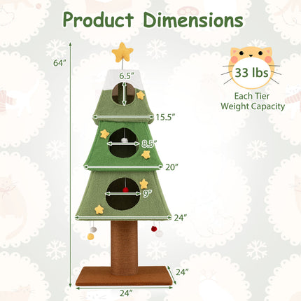 Large Christmas Cat Tree for Indoor Cats 64" Cute Cat Tower with 3 Condos-Green