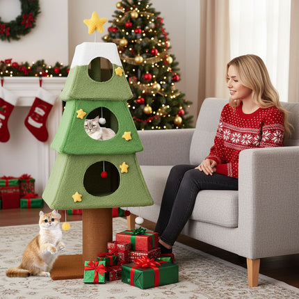 Large Christmas Cat Tree for Indoor Cats 64" Cute Cat Tower with 3 Condos-Green