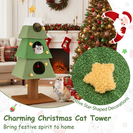 Large Christmas Cat Tree for Indoor Cats 64" Cute Cat Tower with 3 Condos-Green