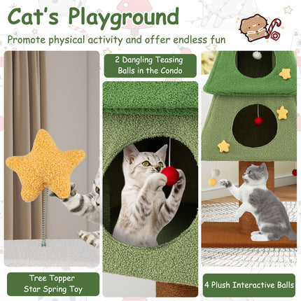 Large Christmas Cat Tree for Indoor Cats 64" Cute Cat Tower with 3 Condos-Green