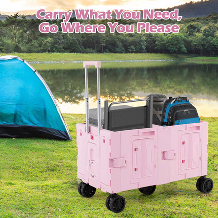 Large Foldable Utility Cart with 2-Tier Storage Crates and Telescoping Handle-Pink