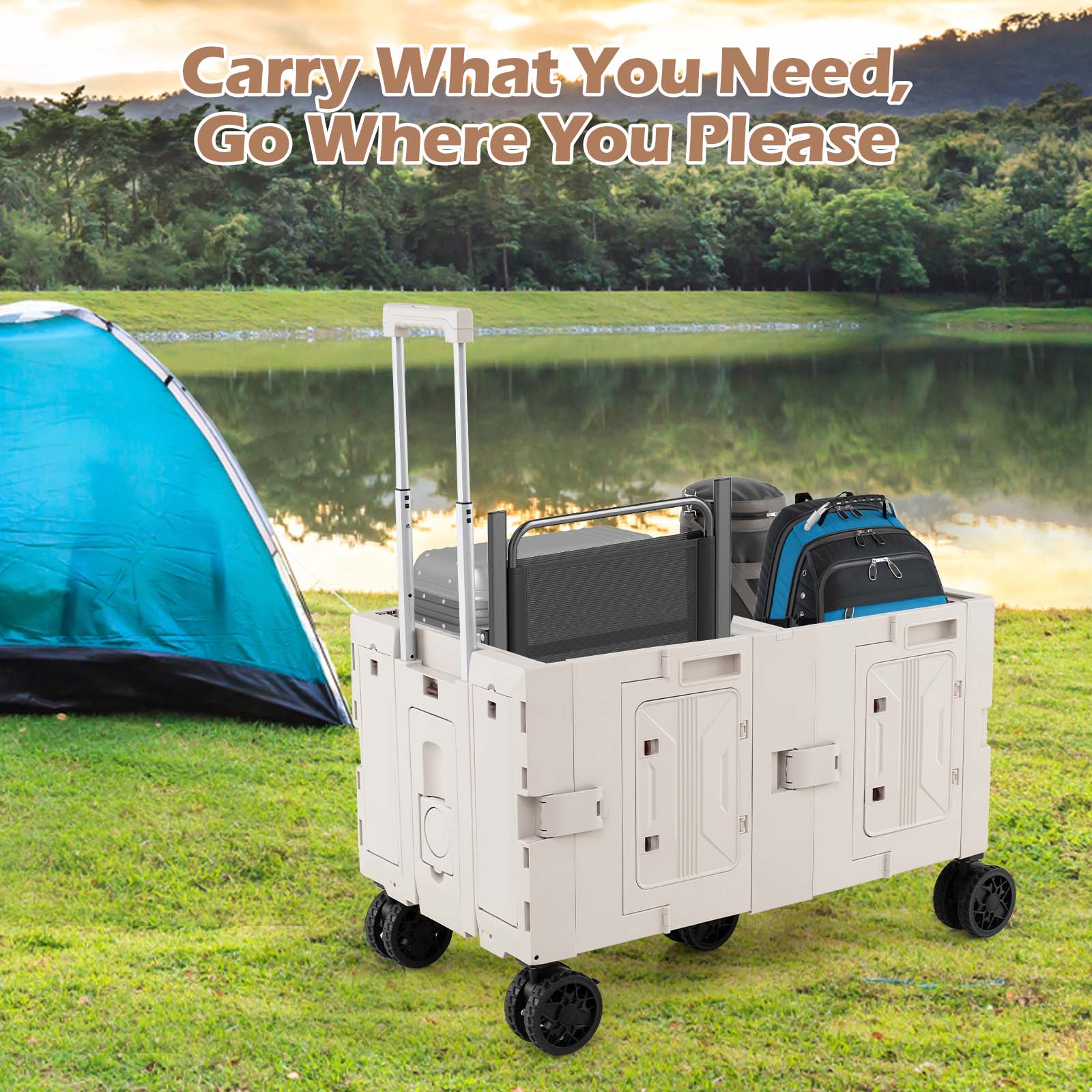 Large Foldable Utility Cart with 2-Tier Storage Crates and Telescoping Handle-White