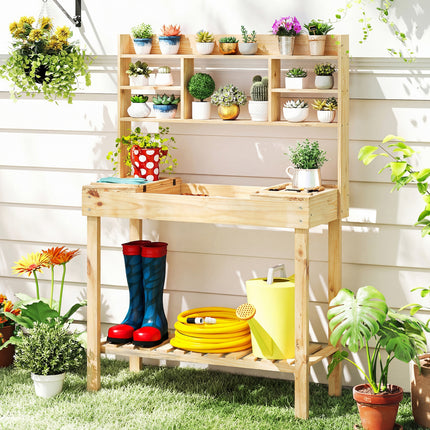 Large Garden Potting Bench Table with Display Rack and Hidden Sink-Natural