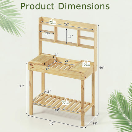 Large Garden Potting Bench Table with Display Rack and Hidden Sink-Natural