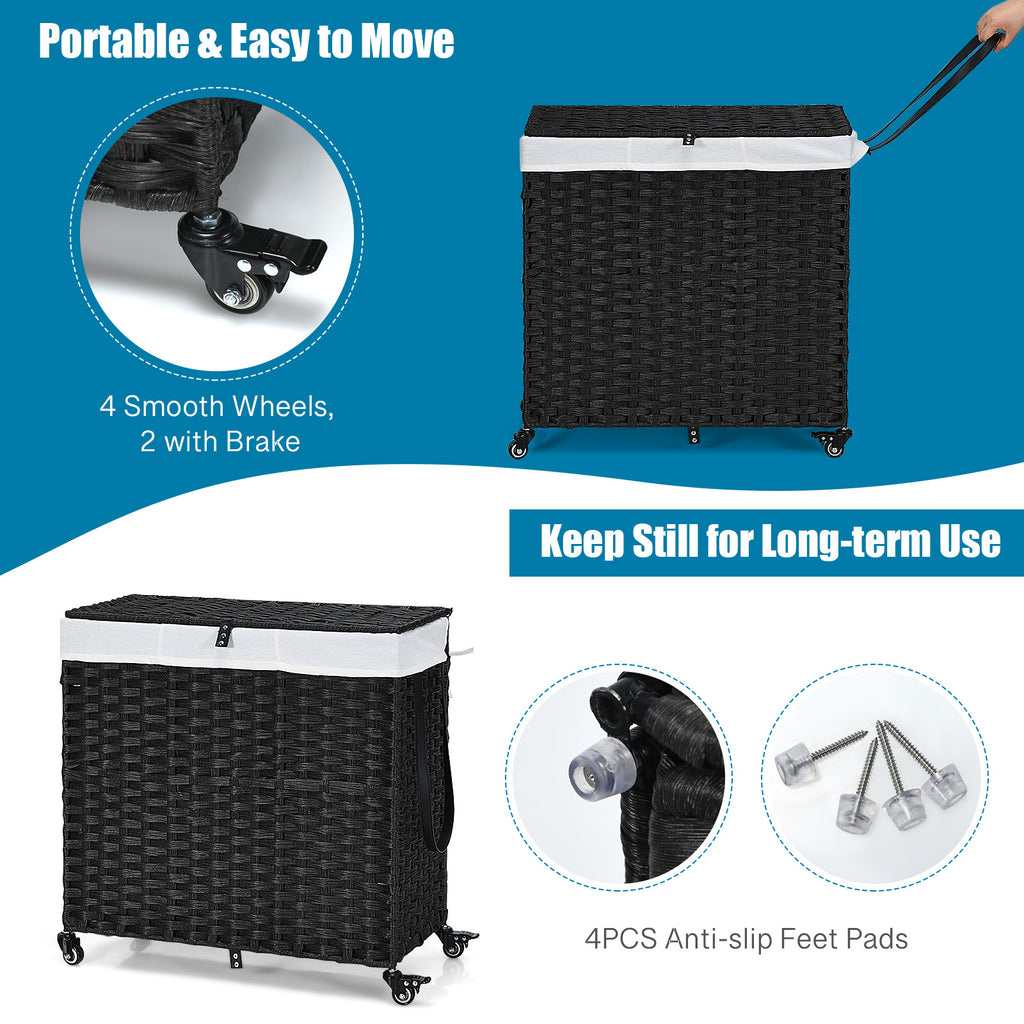 Laundry Hamper with Wheels and Lid-Black