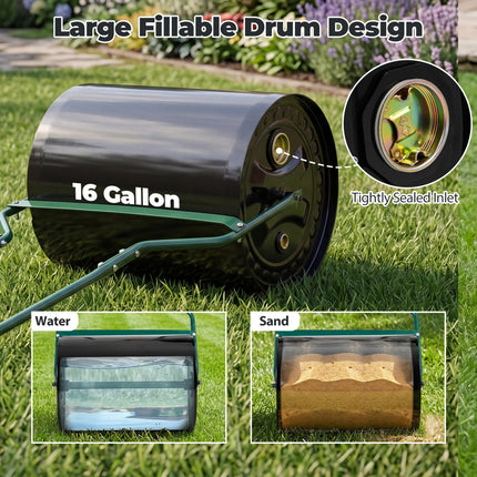 Lawn Roller 16 Gallon Water/Sand Filled Garden Drum Roller with Leak-proof Inlet
